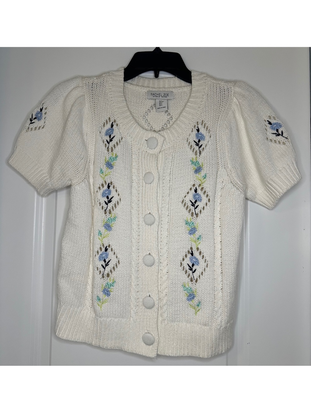 Rachel Zoe Women's White Knit Cardigan with Floral Embroidery, Size Small